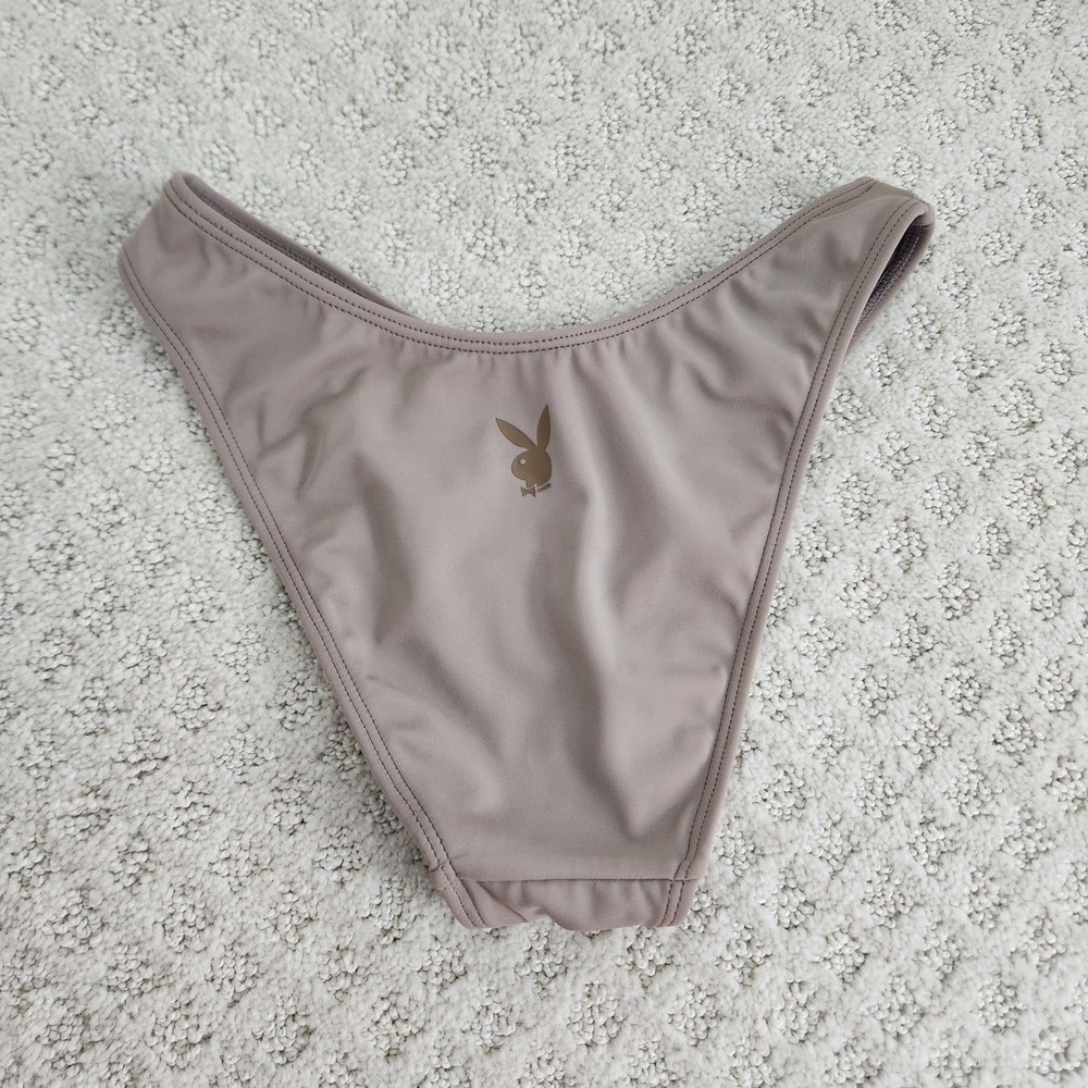 Playboy Womens High Cut Bikini‎ Bottom Taupe Mauve Logo size XS